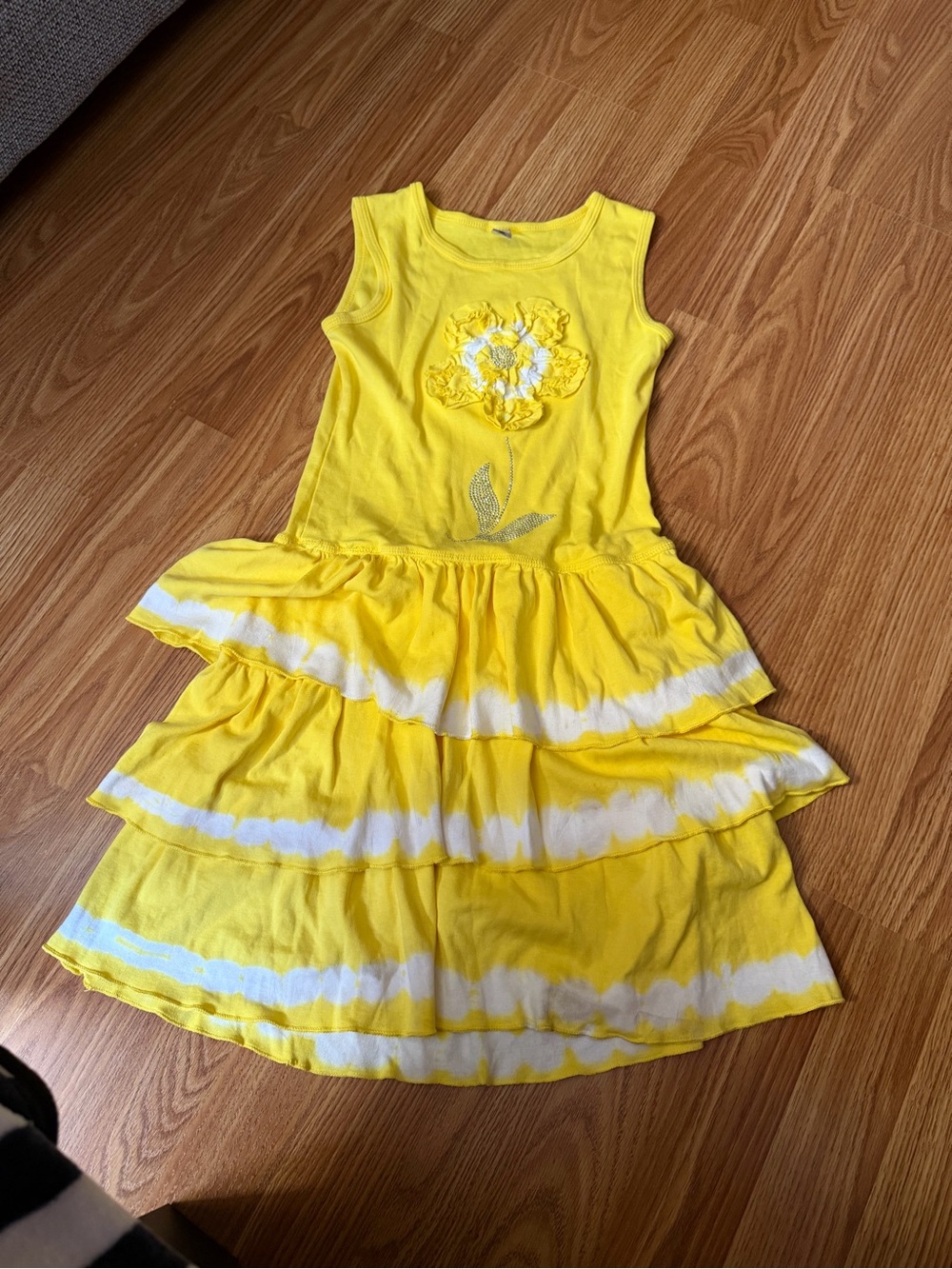 Mignon Sunny Yellow Tiered Tank Dress with Floral Applique